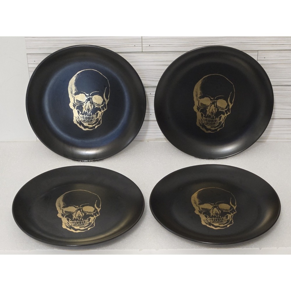 4 Wicked Ciroa Gold Skull on Matte Black 8" Stoneware Heavy Salad Plates Set